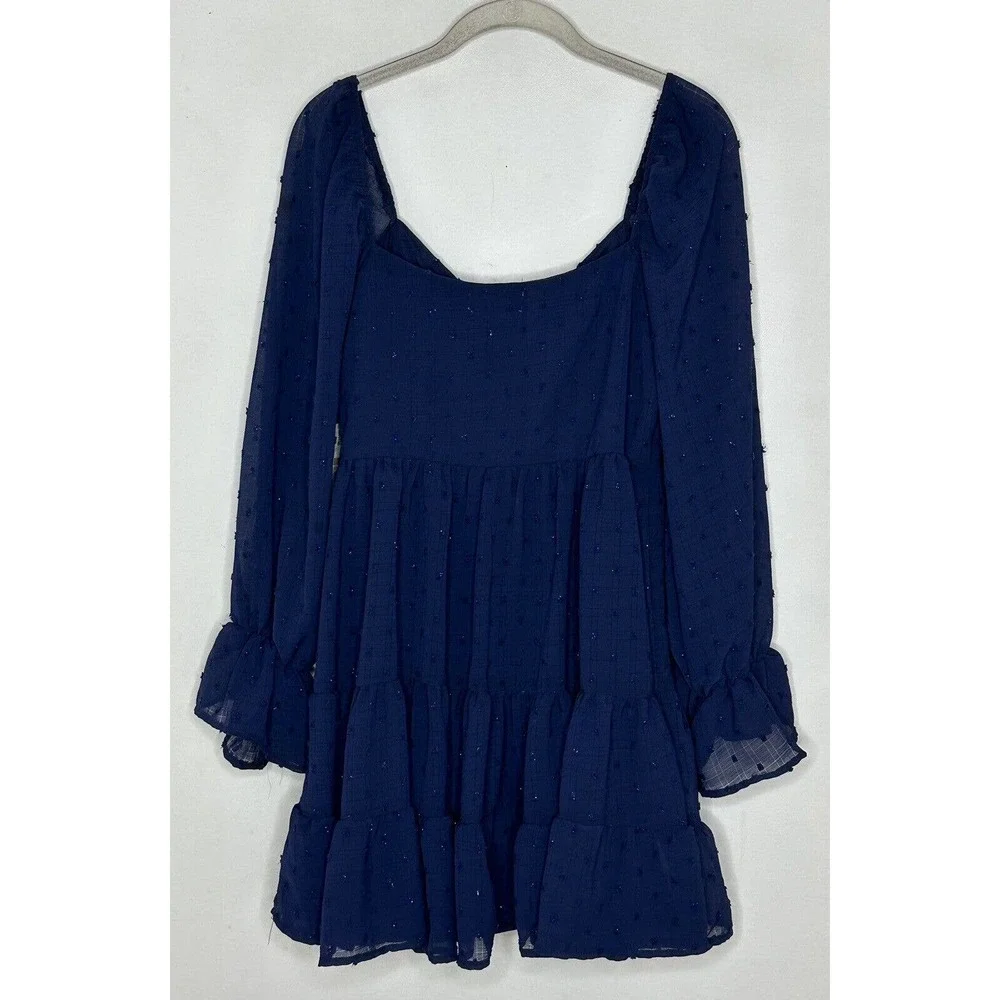 Altard State Navy Blue Polka Dot Chiffon Long Sleeve V Neck Dress Size Large New - Picture 9 of 9